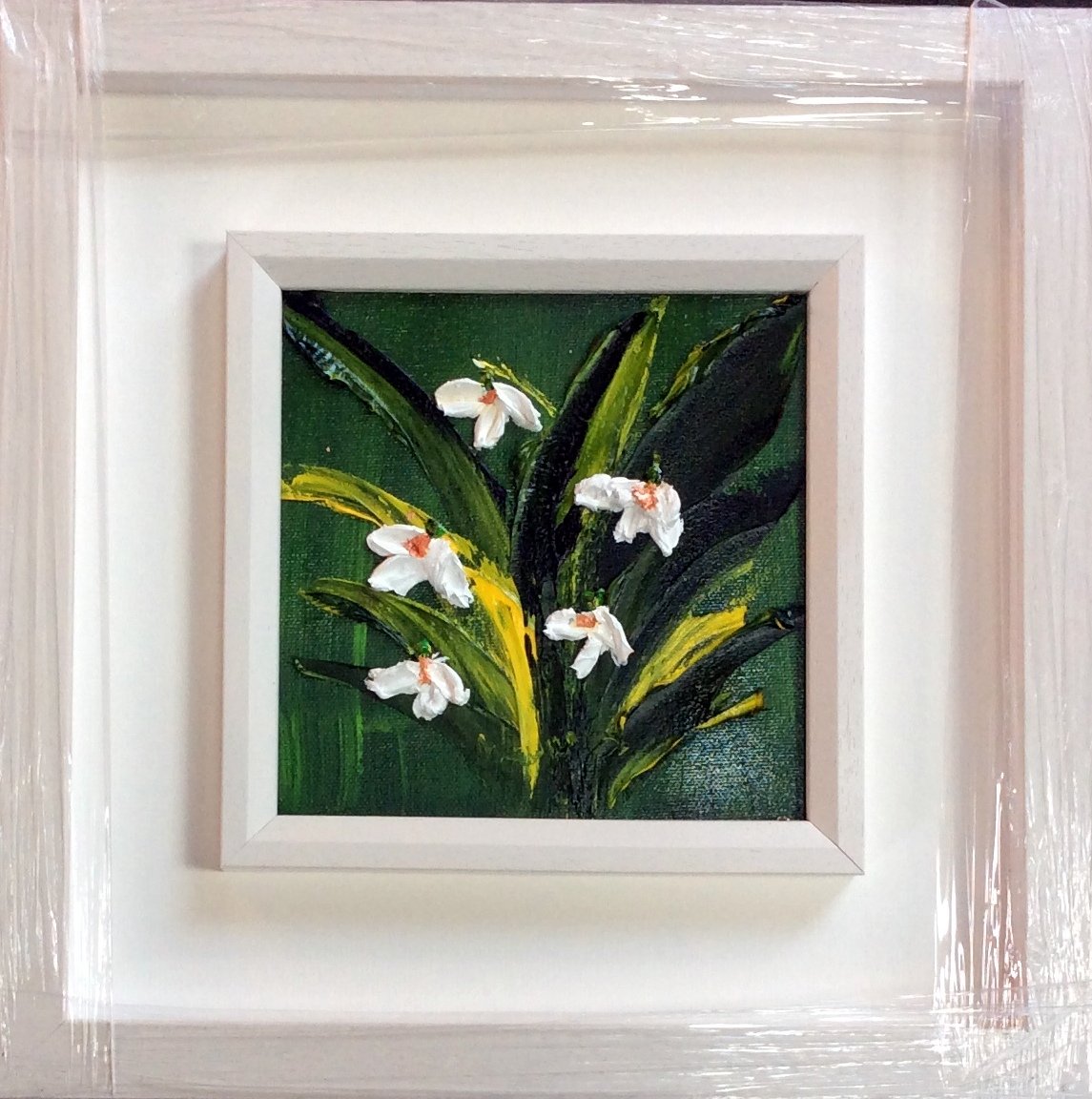 Snowdrops -First flower of Spring -original oil palette knife hand finished with Copper leaf