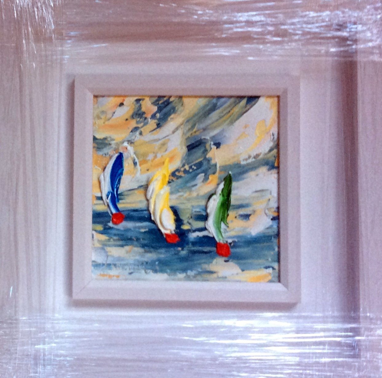 Vibrant wings against the water - original oil palette knife