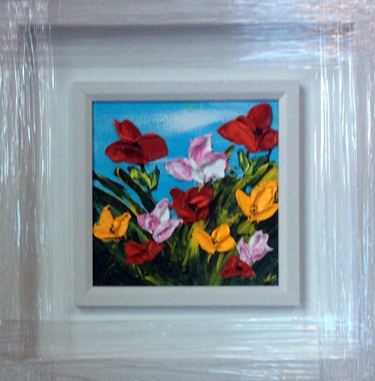 Wildflowers and a cheery blue sky - original oil palette knife